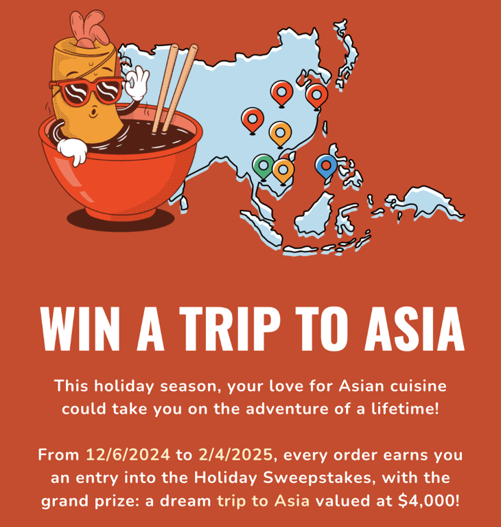 A promotional banner inviting participants to win a trip to Asia, featuring vibrant images of Asian landmarks and culture